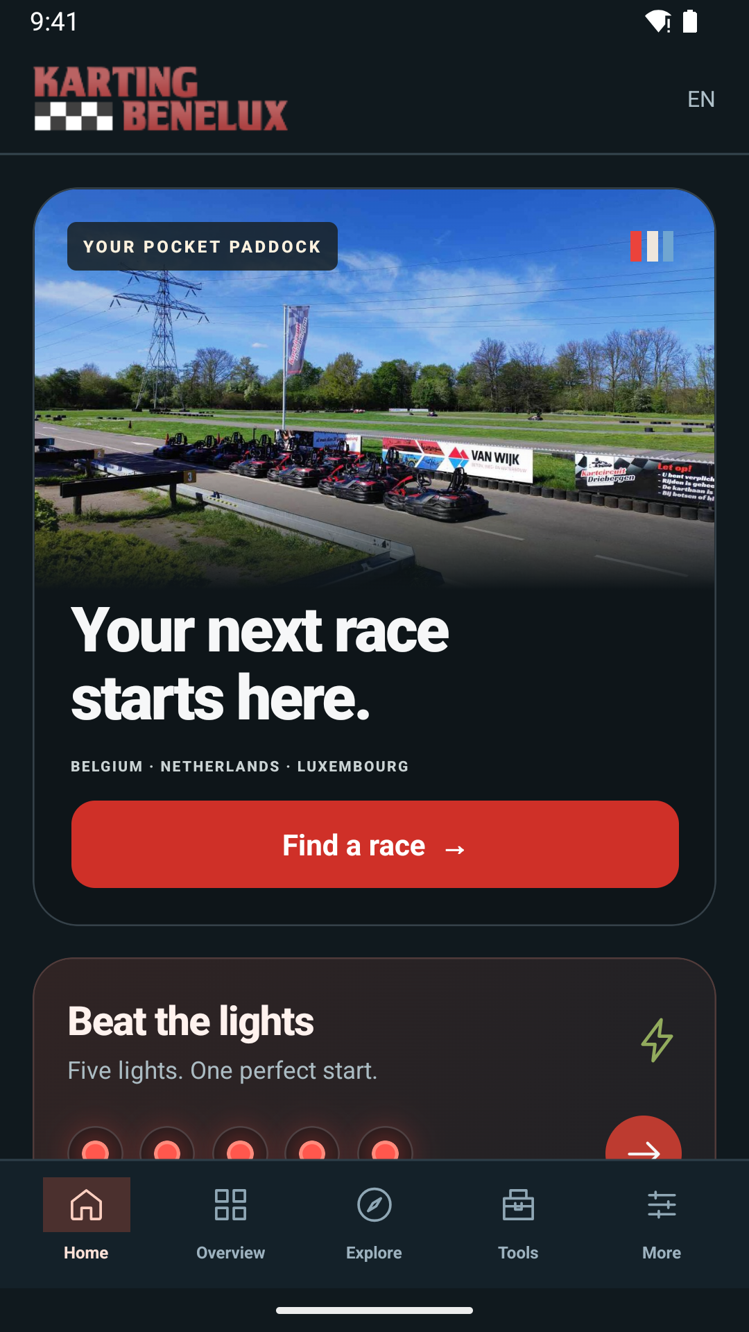 The English home screen of the Karting Benelux Android app, showing Kartcircuit Driebergen and the Find a race button.