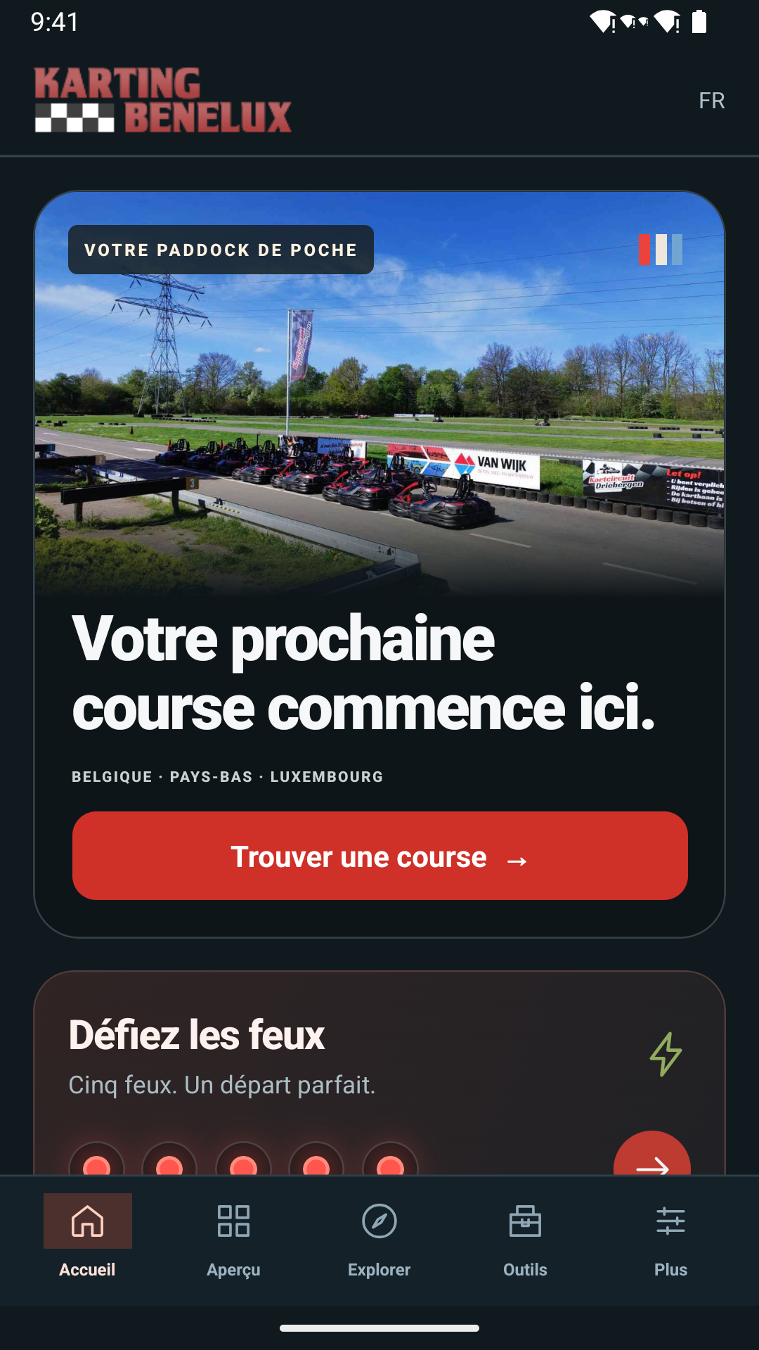 L’accueil en français de l’app Android Karting Benelux, avec Kartcircuit Driebergen et le bouton de recherche de courses.