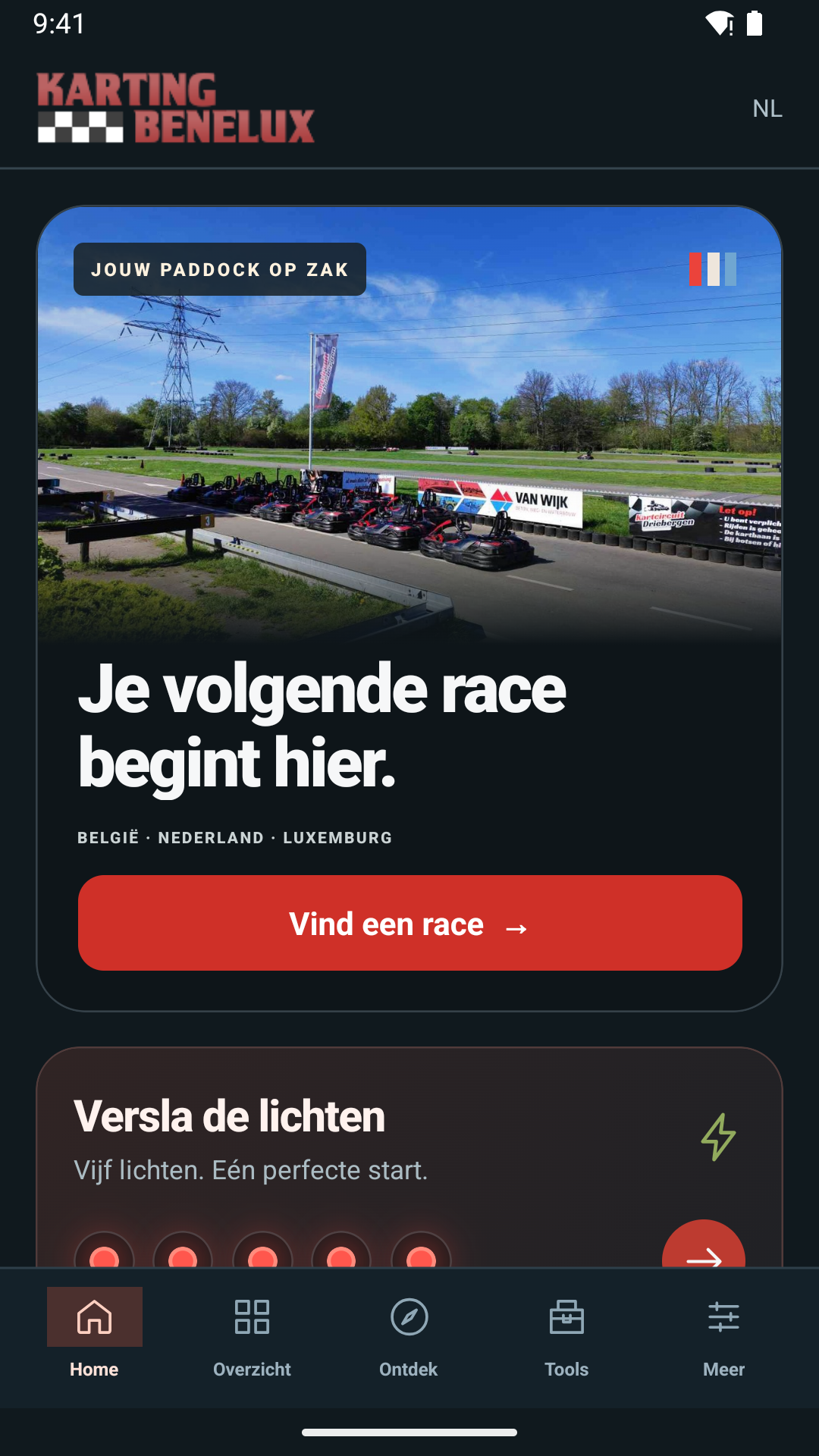 Het Nederlandstalige startscherm van de Karting Benelux Android-app, met Kartcircuit Driebergen en de knop Vind een race.