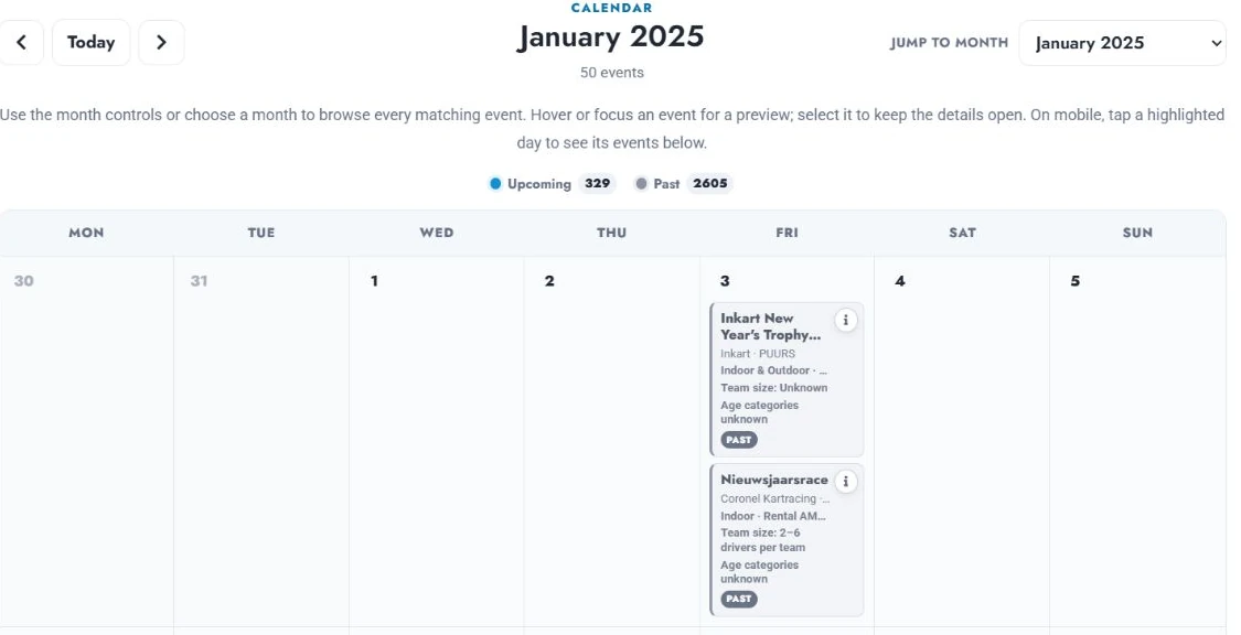 The Karting Benelux monthly calendar showing races in January 2025