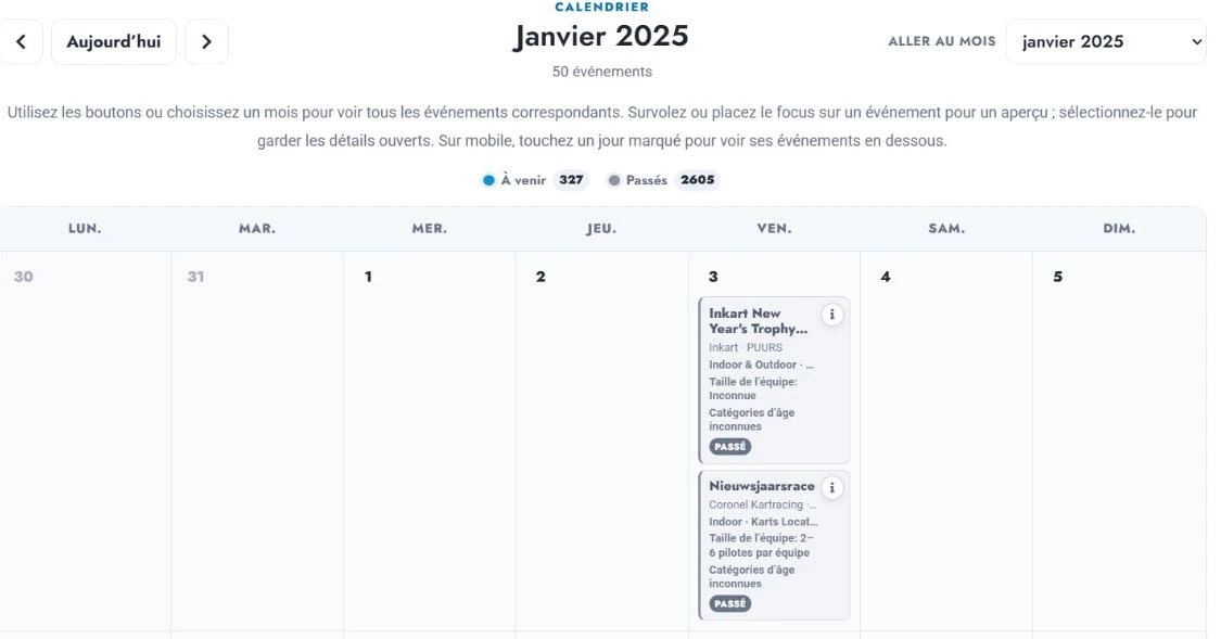 Le calendrier mensuel de Karting Benelux avec les courses de janvier 2025