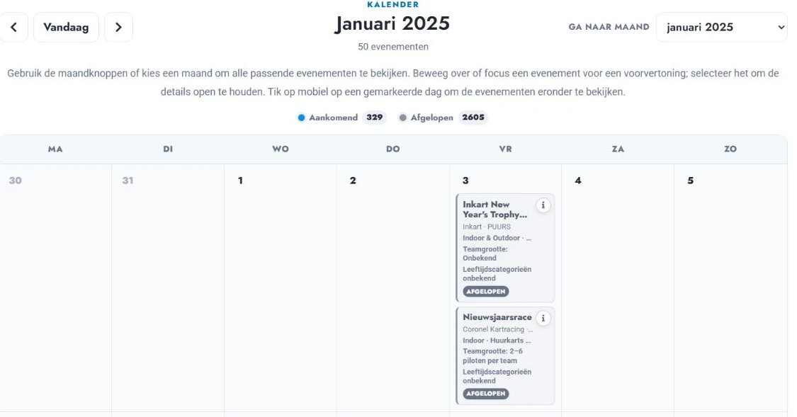 De maandkalender van Karting Benelux met races in januari 2025