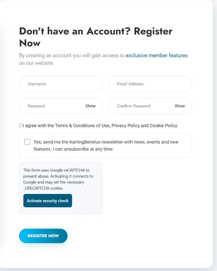 The Karting Benelux account registration form