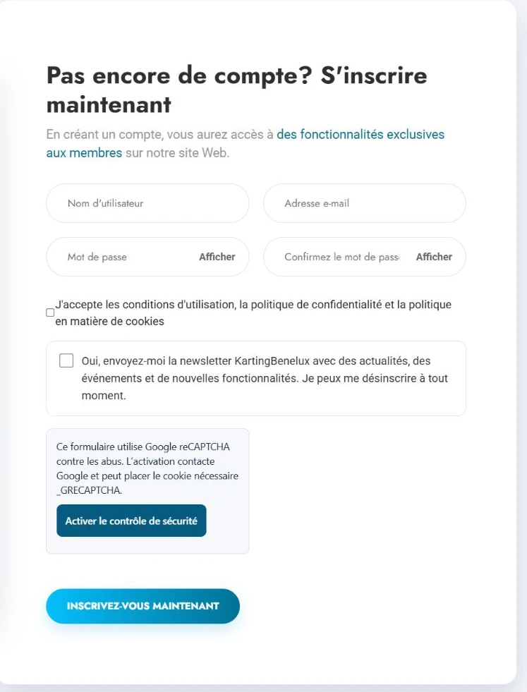 Le formulaire de création d’un compte Karting Benelux