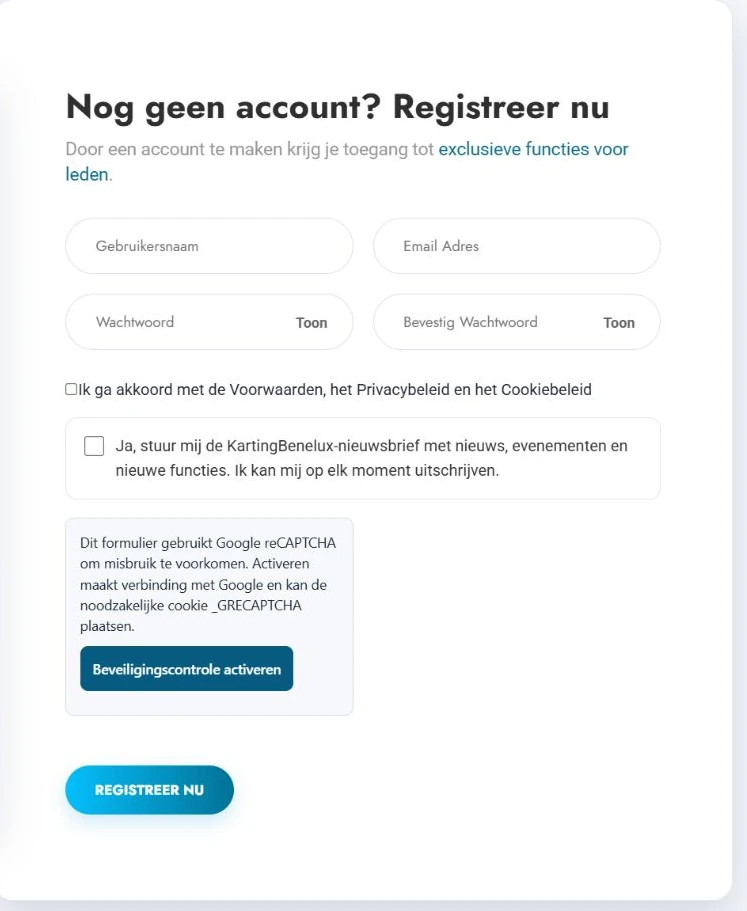 Het registratieformulier voor een Karting Benelux-account