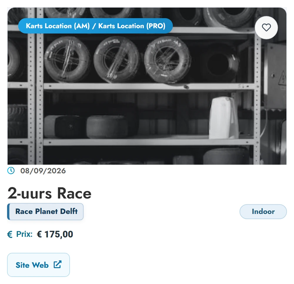 Une fiche de course du véritable aperçu des événements de Karting Benelux