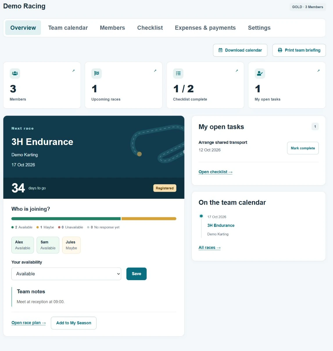 The real Team HQ dashboard with fictional team Demo Racing, race plans and tasks